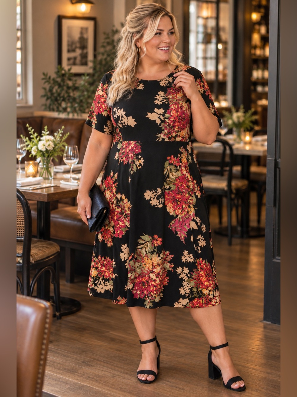 Apt. 9 1X Floral Fit & Flare Dress Black Red Multicolor Short Sleeve Knee Length